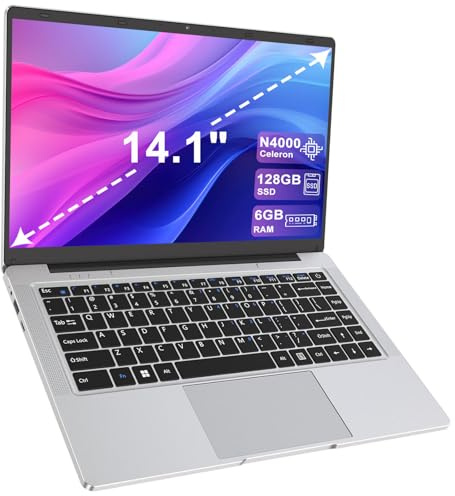 PINSTONE 14'' Ordinateur Portable, Celeron N4000 (jusqu'à 2,6 GHz) 6Go RAM 128Go SSD Dual Core PC Portable 5G WiFi Computer Mini HDMI Design sans Ventilateur Couleur Argent Inclus Une Souris