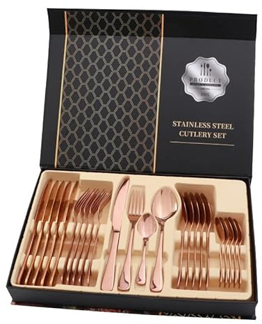 Juego de cubiertos de 24 piezas, juego de cubiertos de acero inoxidable brillante, 24 piezas, cuchillo para carne, tenedor, cuchara, apto para lavavajillas para el hogar o el (Oro rosa)
