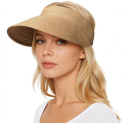 Viseras para Mujer, Visera Mujer Paja Sombrero Playa, Ajustable Visera Mujer Verano, Plegable UPF 80+, Visera de Paja, para Vacaciones de Verano en la Playa y Viajes de Campamento