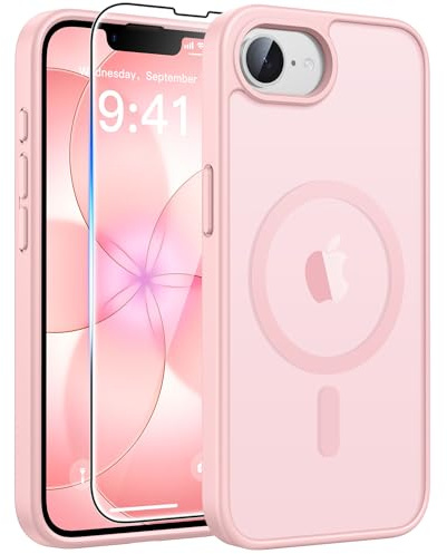 FNTCASE for iPhone 17e/ iPhone 16e Case, Fit for Magsafe, Screen Protector | Translucent Matte Magnetic Back, 14FT Military Grade Drop Protection, Shockproof Protective Phone Cover, Light Pink