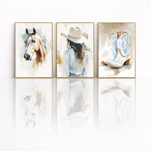 Xiyocadt Western Poster Set 3er Set Wandbilder Cowboy Stil Pferd Frau Stiefel Boho Vintage Bilder Wohnzimmer Schlafzimmer Deko Ohne Rahmen (30x40 cm)