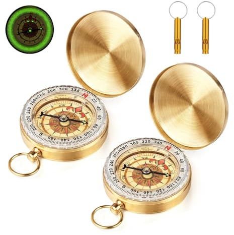 flintronic 2pcs Messing Kompass Outdoor, Pocket Taschenkompass, Kompass Wandern Portable mit Leuchtfunktion für Outdoor-Camping-Navigation, Orientierungslauf und Survival