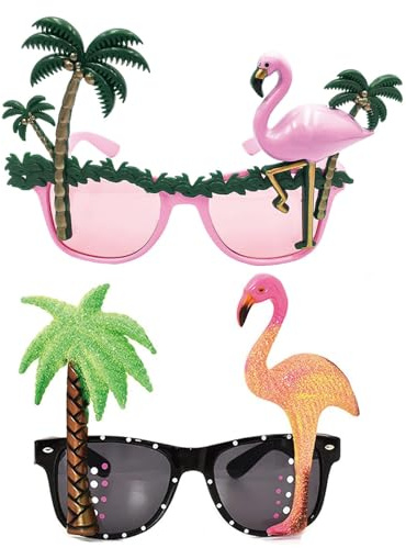 DXPETA 2Pcs Funny Sunglasses, Hawaiian Fancy Dress Accessories for Luau Parties and Beach Celebrations, Novelty Sunglasses for Adults and Children, Pink Flamingo Design for Tropical Costume Events