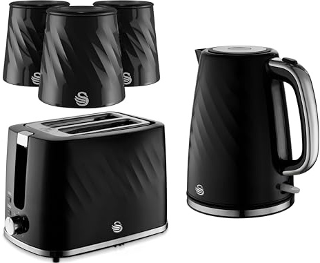 Swan Windsor Black 1.7L 3KW Kettle, 2 Slice Toaster & 3 Canisters. Contemporary Matching Kitchen Set with Textured Finish & Chrome Accents