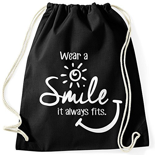 MoonWorks Turnbeutel Wear a Smile it Always fits Hipster Beutel Tasche Sportbeutel Gymsac Gymbag schwarz Unisize