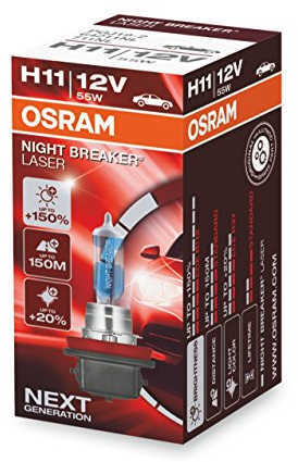 OSRAM NIGHT BREAKER LASER H11, +150% mehr Helligkeit, Halogen-Scheinwerferlampe, 64211NL, 12V PKW, Faltschachtel (1 Lampe)