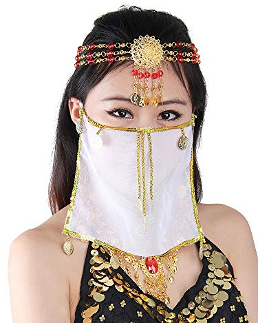 Grouptap Seidenbauchtanz sexy Gesicht Schleier Maske Kostüm Frauen Mädchen arabisch türkische Outfits mit Gold Schmuck Krawatte (Weiß)