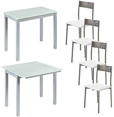 MOMMA HOME Conjunto Mesa de Comedor y 4 Sillas Color Blanco - Mesa Modelo Londres, Silla Modelo Tabarca - Mesa Extensible - con Dos Alas de Cristal - Muy Versátil - Diseño Moderno