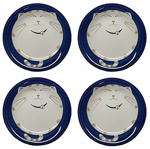 JapanBargain 2565, Set of 4 Japanese Round Porcelain Dinner Plate for Appetizer Dessert Cake Snack, Maneki Neko Smiling Lucky Cat Pattern for Cat Lovers, Made in Japan