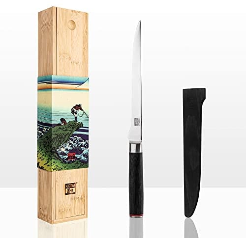 KOTAI | Cuchillo de pescado | Hoja flexible de 20 cm | Ideal para Filetear el pescado | Afilado y forjado a mano | Acero inoxidable japonés 440C | Mango de madera de pakka | Tang oculto completo