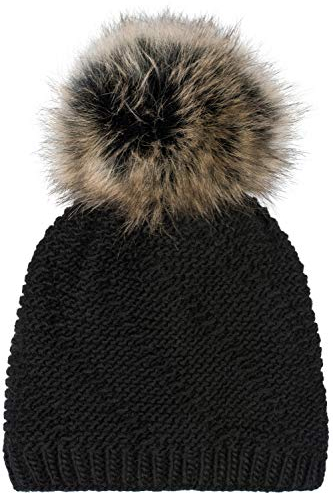 styleBREAKER Unisex Einfarbige Strick Bommelmütze fein gestrickt mit Fleece Futter, Winter Fellbommel Mütze 04024175, Farbe:Schwarz