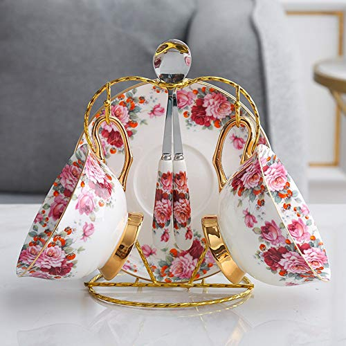 Teetassen Porzellan,200Ml,Englisches Teeservice,Kaffeeservice Mit Blumen,Porzellan Kaffee Set, Floral Kaffeetasse Mit Untertasse Und Löffel Aus Premium Bone China Porzellan.,A