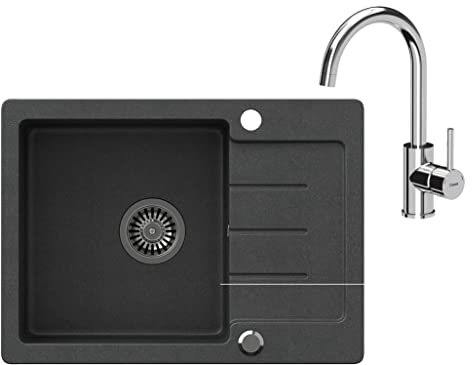 VBChome Spülbecken mit Armatur Schwarz 60 x 44 cm Einzelbecken Einbauspüle gesprenkelt reversibel Verbundspüle + Siphon Waschbecken Armatur Chrom