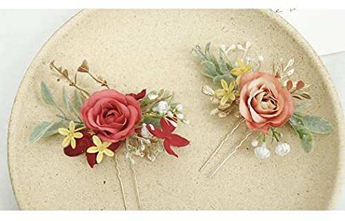 IYOU Blume Blätter Haarnadeln rot Hochzeit Kopfstück Braut Abschlussball Haarnadeln Haar Zubehör zum Frauen und Mädchen (2 Stück)