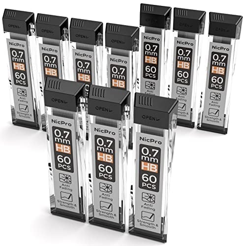 Nicpro 600 Stück Bleistiftminen 0,7 mm HB, 0,7mm bruchfeste Minen für Druckbleistifte Schreiben Zeichnen, 60 Stück/Dosen, 10 Dosen