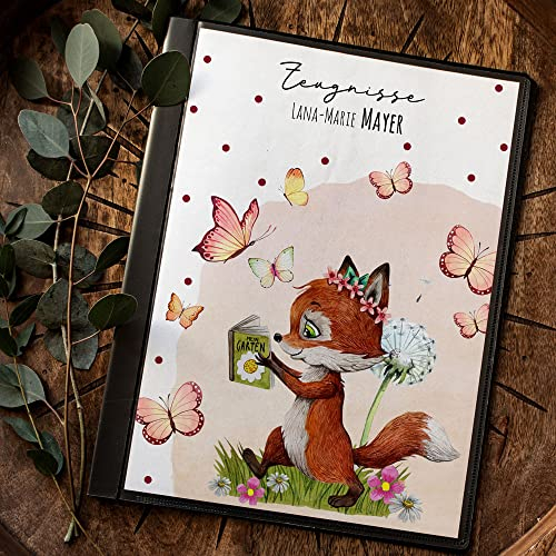 Zeugnismappe mit 10 Folien Fuchs Füchschen mit Buch Pusteblume Schmetterlinge personalisierbar Schulanfang Schulanfänger Einschulung Wunschname zm09 - ausgewählte Größe: *Zeugnismappe 10 Folien*