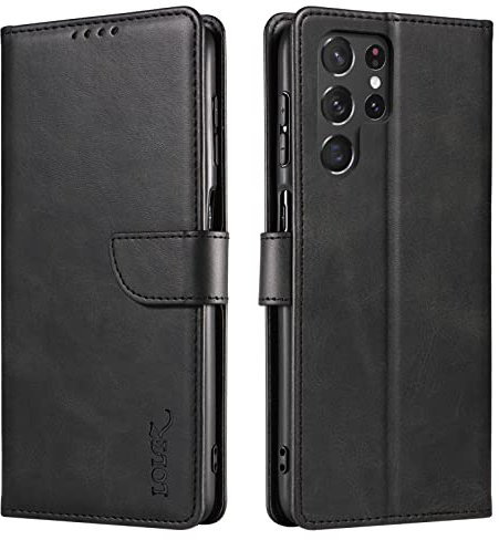 LOLFZ Handyhülle für Samsung Galaxy S22 Ultra 5G, Premium Dünne Handyhülle mit Kartenfach Ständer Magnetische Flip Leder Schutzhülle Kompatibel mit Samsung S22 Ultra 5G - Schwarz