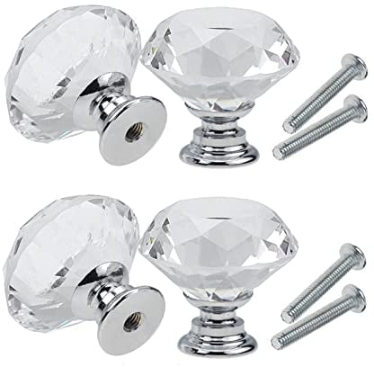 Yesmin Crystal Door Knobs,4 Pcs 30MM Crystal Drawer Carbinet Door Handle Puller with Screws for Home Kitchen Office Drawer Cupboard Closet(Silver)
