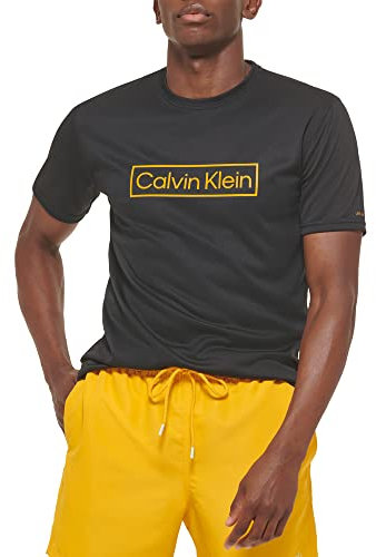Calvin Klein Herren Leichte, schnell trocknende Kurze Ärmel, UV-Schutzfaktor 40+ Rash-Guard-Shirt, Schwarzes Logo, XL