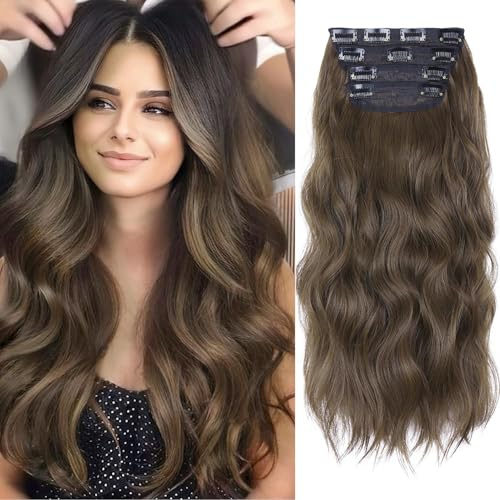 20 Inches Medium Brown Hair Extension clip ins, 4Pcs Synthetic Curly Clip in Hair Extensions, Natural Thick Hair Extensions Wavy Hair Pieces for Women (Color: Medium Brown)