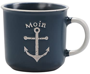 Seaside No.64 - maritimes Steingutgeschirr - Motive Anker, Steuerrad & Papierboot - Steinzeugkeramik weiß & blau - Geschirrset Küchenzubehör - Geschenkartikel (blau, Becher Anker)
