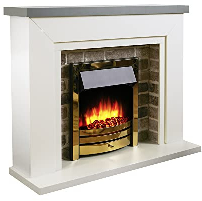 Endeavour Fires Flamborough 48 Inch Electric Fireplace Suite with Surround | Realistic Flame & Coal Effect Fire, 1-2kW Eco Heater, 7-Day Programmable Remote, 3D Brick Back Panel, Grey Top, Brass Fire
