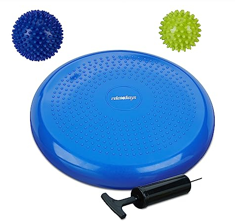 Relaxdays Balance Kissen, 2 Massagebälle, Ø 32 cm, bis 140 kg, ergonomisches Wackelkissen mit Noppen, Luftpumpe, blau