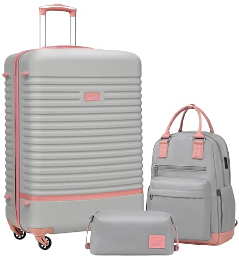 COOLIFE Koffer Trolley Koffer Reisekoffer von ABS Hartschalen Trolley 4 Rollen TSA-Schloss Der Koffer Enthält 1 Reiserucksack und 1 Kulturbeutel (Grau/Rosa, Großer Koffer-Set 3tlg)