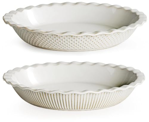 getstar Ceramic Pie Pan Set of 2, 9 inch Pie Dish for Baking, Non-Stick, Oven & Dishwasher Safe, Farmhouse Decor Quiche Baking Dish, Pie Plate, Deep Dish Pie Pan (Embossed Stripes+Dots)