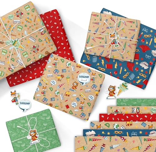 Papierdrachen 6 Bögen Geschenkpapier zur Einschulung | 60x40cm bedruckt - 6 verschiedene Designs hochwertig auf 80g/m² Papier - Superhelden Tiere - zum Schulstart - Set 4