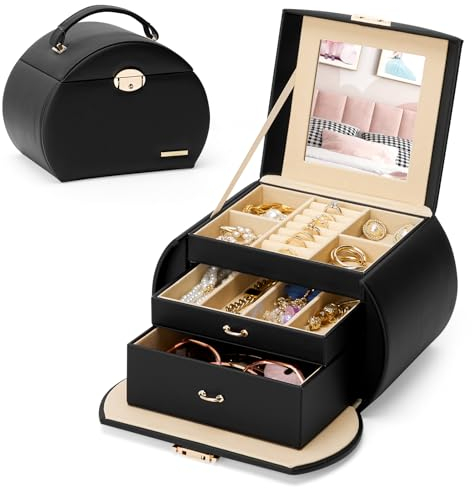 Yorbay Seelux Jewellery Box for Girls, Lockable Jewellery Boxes Organiser with Mirror and 2 Drawers for Rings, Bracelets, Earrings,Gifts for Girls Women (Black + Silver)