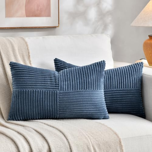 FDTERN 2er Set Denim Blau Kordsamt Kissenbezug 30x50CM Weich Moderne Dekorative Kissenbezüge Kissenhülle Dekokissenbezug Sofakissen Dekokissen Boho Deko für Sofa Schlafzimmer Wohnzimmer Balkon