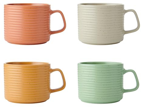KitchenCraft Idilica Stacking Stoneware Mugs, Set of 4, 400ml, Cream