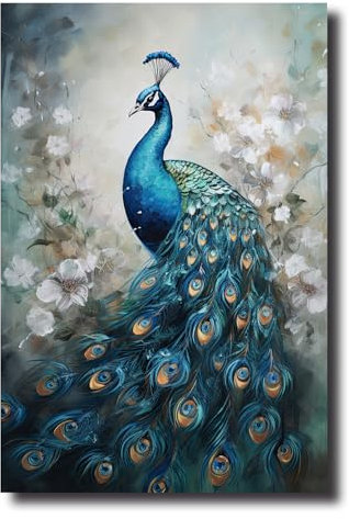 LZIMU Pfauen Leinwand Bilder blaue Pfauenfeder Malerei Drucke elegante Blumen Tierbild Vintage Kunstwerk für Schlafzimmer Wohnzimmer (Bild-2, (70.00 x 105.00 cms))