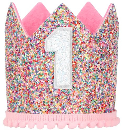 Geburtstagskrone Baby Regenbogen Geburtstag Party Prinzessin Krone Einstellbare Haarband Hut Baby Krone für Kinder Mädchen Partyhüte Deko Geburtstagshut Kindergeburtstag (1 Jahr)