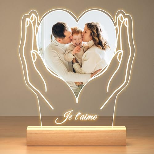 Jkolalin Cadre Photo Personnalisé avec Photo, Plaque Acrylique Personnalisée avec Veilleuse, Cadeau Noel Personnalisé pour Femme, Homme, Maman, Papa, Bébé, Enfant, Mamie, Papy, Famille