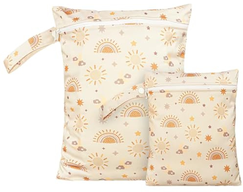 Wet Bag Impermeabili (2 Misure), Borsa Riutilizzabile per Pannolini e Parti del Tiralatte, con Tasche con Zip e Manico, Ideale per Viaggio, Spiaggia, Piscina, Palestra e Costumi Bagnati – Set da 2