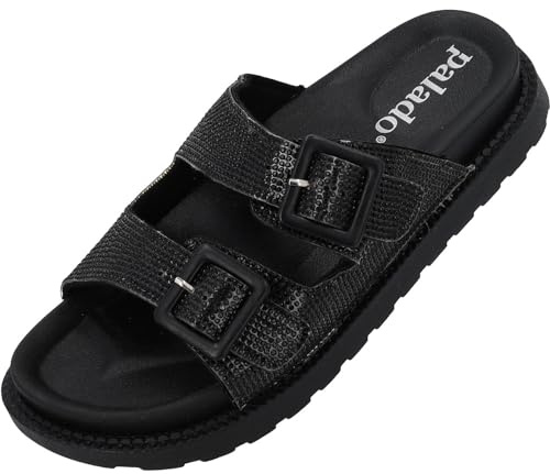 Palado Damen Plateau-Pantoletten Irisa – bequeme Sandalen - Hausschuhe mit Plateau-Sohle - modische Sommerschuhe Schwarz strass UK3,5 - EU36