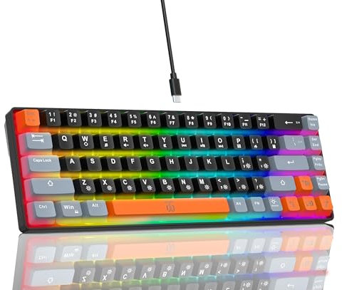Snpurdiri 60% Percent Gaming Keyboard, Compact RGB Backlit Small Gaming Keyboard for Windows, PC, Laptop (68 Keys, Black-Grey-Orange)