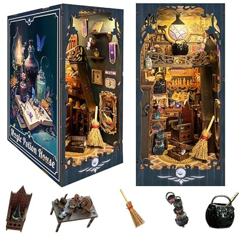 DIY Book Nook Magic Potion House Miniature Kit for Bookshelf 3D Wooden Puzzle for Adults Dust Cover Teenagers Gift