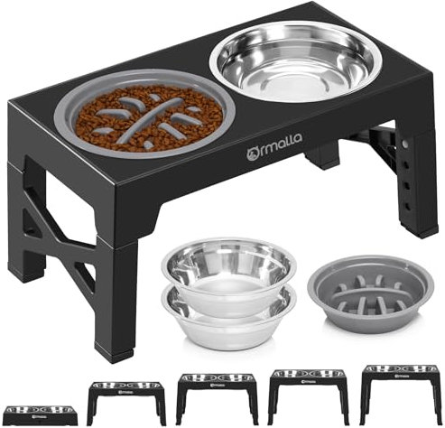 Ormalla Elevated Dog Bowls with Slow Feeder, 5 Heights Adjustable Raised Dog Bowls with 2 Stainless Dog Food Bowl Stand for Large Medium Small Dogs and Pets - Black