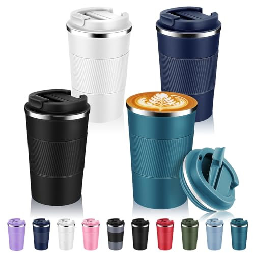 Volhoply Lot de 4 tasses à café de voyage isothermes en acier inoxydable de 390 ml avec couvercle à rabat – Tasse à café réutilisable à double paroi sous vide en métal – Gobelet isotherme anti-fuite