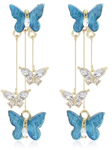 Butterfly Earrings, Blue Butterfly Tassel Earrings Crystal Rhinestone Dainty 3D Butterfly Drop Dangle Earrings Charm Jewelry for Singer Fans Concert Costume Wedding Christmas Birthday Gift