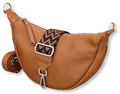 ADEL Halbmond Tasche Damen Echtleder Banana Bag DIANA Handgemachte Umhängetasche Crossbody Bag mit Ledergurt + Breitem Gemustertem Riemen 4 Fächer Schultertasche Made in Italy (Cognac Braun)