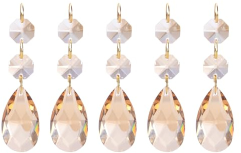 M METERXITY 5-Pack Pendants Teardrop Lamp Chain, Champagne Crystal W 2 Octagon Beads Shiny Glass Pendants Beads for Light Lamp/Jewelry Making/Wedding Decoration Chandelier Beads [3.35]