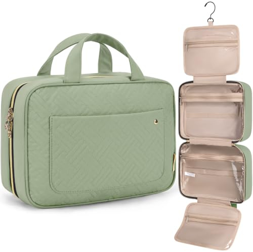 BAGSMART Hanging Travel Toiletry Bag 360° Hook for Full Size Bottle, Large | Women's Wash Bag & Makeup Toiletries Organiser, Large Capacity Travel Holiday Accessories, Green