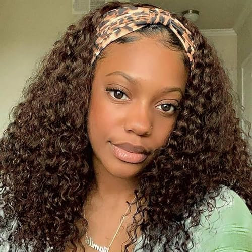 Perücke mit Stirnband Menschenhaar Deep Wave Headband Wig Gewellt Perücke für Damen 150% Dichte Brasilianische Perücke Glueless Haarband Wig Chocolate Brown 22 Zoll
