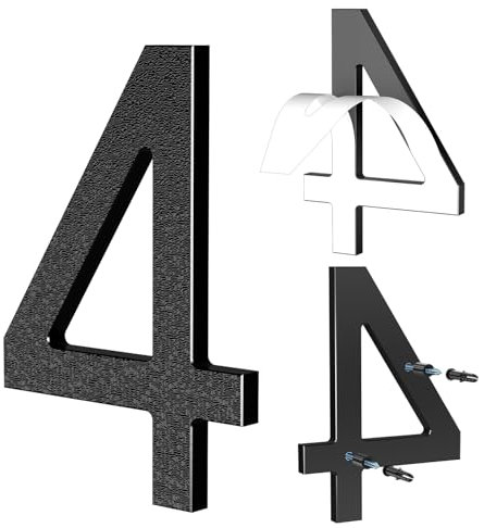 Yafimea 6 Inch Black House Numbers, Large Self Adhesive or Screw On Numbers with 3D Floating Shadow Effect, Fit for Outdoor Gate Fence Wall (4)
