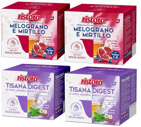 Set 80 Capsule Ristora Compatibili con le Macchine ad uso domestico Nescafè®* Dolce Gusto®* 40 Melograno e mirtillo 40 Tisana digest