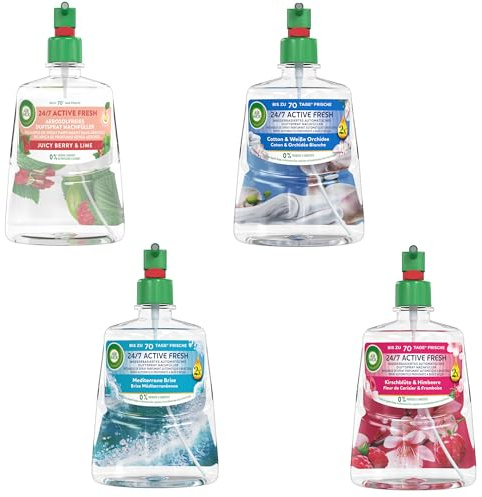 Air Wick Active Fresh Wasserbasiertes Automatisches Nachfüller Mix Pack - 4x228ml Duft: 1x Cotton & Weiße Orchidee, 1x Juicy Berry & Lime, 1x Kirschblüte & Himbeere & Mediterrane Brise